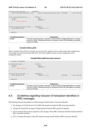 3GPP TS 36.331 version 10.2.0 Release 10                  278                        ETSI TS 136 331 V10.2.0 (2011-07)

ChildIE1-WithoutEM-vNx0 ::=     SEQUENCE {
    chIE1-ConfigurableFeature-vNx0      ChIE1-ConfigurableFeature-vNx0                 OPTIONAL       -- Cond ConfigF
}

ChIE1-ConfigurableFeature ::=              CHOICE {
    release                                    NULL,
    setup                                      SEQUENCE {
        -- Root encoding
    }
}

ChIE1-ConfigurableFeature-vNx0 ::=         SEQUENCE {
    chIE1-NewField-rN                          INTEGER (0..31)
}

-- ASN1STOP


  Conditional presence                                                Explanation
 ConfigF                     The field is optional present, need OR, in case of chIE1-ConfigurableFeature is included
                             and set to "setup"; otherwise the field is not present and the UE shall delete any existing
                             value for this field.



–                ChildIE2-WithoutEM
The IE ChildIE2-WithoutEM is an example of a lower level IE, typically used to control certain radio configurations.
The example illustrates how the new field chIE1-NewField is added in release N to the configuration of the
configurable feature.

                                   ChildIE2-WithoutEM information element
-- /example/ ASN1START

ChildIE2-WithoutEM ::=                     CHOICE {
    release                                    NULL,
    setup                                      SEQUENCE {
        -- Root encoding
    }
}

ChildIE2-WithoutEM-vNx0 ::=                SEQUENCE {
    chIE2-NewField-rN                          INTEGER (0..31)                         OPTIONAL       -- Cond ConfigF
}

-- ASN1STOP


  Conditional presence                                                Explanation
 ConfigF                     The field is optional present, need OR, in case of chIE2-ConfigurableFeature is included
                             and set to "setup"; otherwise the field is not present and the UE shall delete any existing
                             value for this field.




A.5           Guidelines regarding inclusion of transaction identifiers in
              RRC messages
The following rules provide guidance on which messages should include a Transaction identifier

    1: DL messages on CCCH that move UE to RRC-Idle should not include the RRC transaction identifier.

    2: All network initiated DL messages by default should include the RRC transaction identifier.

    3: All UL messages that are direct response to a DL message with an RRC Transaction identifier should include the
       RRC Transaction identifier.

    4: All UL messages that require a direct DL response message should include an RRC transaction identifier.




                                                          ETSI
 