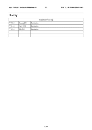 3GPP TS 36.331 version 10.2.0 Release 10            297          ETSI TS 136 331 V10.2.0 (2011-07)




History
                                              Document history
V10.0.0       January 2011      Publication

V10.1.0       April 2011        Publication

V10.2.0       July 2011         Publication




                                                    ETSI
 