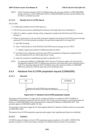 3GPP TS 36.331 version 10.2.0 Release 10                   70                        ETSI TS 136 331 V10.2.0 (2011-07)


   NOTE:        If the UE performs enhanced 1xRTT CS fallback along with concurrent mobility to CDMA2000 HRPD
                and the connection to either CDMA2000 1xRTT or CDMA2000 HRPD succeeds, then the mobility from
                E-UTRA is considered successful.

5.4.3.5            Mobility from E-UTRA failure
The UE shall:

   1> if T304 expires (mobility from E-UTRA failure); or

   1> if the UE does not succeed in establishing the connection to the target radio access technology; or

   1> if the UE is unable to comply with (part of) the configuration included in the MobilityFromEUTRACommand
      message; or

   1> if there is a protocol error in the inter RAT information included in the MobilityFromEUTRACommand message,
      causing the UE to fail the procedure according to the specifications applicable for the target RAT:

      2> stop T304, if running;

      2> if the cs-FallbackIndicator in the MobilityFromEUTRACommand message was set to TRUE:

          3> indicate to upper layers that the CS Fallback procedure has failed;

      2> revert back to the configuration used in the source PCell, excluding the configuration configured by the
         physicalConfigDedicated, mac-MainConfig and sps-Config;

      2> initiate the connection re-establishment procedure as specified in 5.3.7;

   NOTE:        For enhanced CS fallback to CDMA2000 1xRTT, the above UE behavior applies only when the UE is
                attempting the enhanced 1xRTT CS fallback and connection to the target radio access technology fails or
                if the UE is attempting enhanced 1xRTT CS fallback along with concurrent mobility to CDMA2000
                HRPD and connection to both the target radio access technologies fails.


5.4.4           Handover from E-UTRA preparation request (CDMA2000)

5.4.4.1            General

                          UE                                                            EUTRAN



                              HandoverFromEUTRAPreparationRequest


                         Figure 5.4.4.1-1: Handover from E-UTRA preparation request

The purpose of this procedure is to trigger the UE to prepare for handover or enhanced 1xRTT CS fallback to
CDMA2000 by requesting a connection with this network. The UE may use this procedure to concurrently prepare for
handover to CDMA2000 HRPD along with preparation for enhanced CS fallback to CDMA2000 1xRTT. This
procedure applies to CDMA2000 capable UEs only.

This procedure is also used to trigger the UE which supports dual Rx/Tx enhanced 1xCSFB to redirect its second radio
to CDMA2000 1xRTT.

The handover from E-UTRA preparation request procedure applies when signalling radio bearers are established.

5.4.4.2            Initiation
E-UTRAN initiates the handover from E-UTRA preparation request procedure to a UE in RRC_CONNECTED,
possibly in response to a MeasurementReport message or CS fallback indication for the UE, by sending a



                                                          ETSI
 