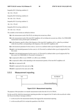 3GPP TS 36.331 version 10.2.0 Release 10                   88                         ETSI TS 136 331 V10.2.0 (2011-07)


Inequality B2-1 (Entering condition 1)

Mp + Hys < Thresh1

Inequality B2-2 (Entering condition 2)

Mn + Ofn − Hys > Thresh2

Inequality B2-3 (Leaving condition 1)

Mp − Hys > Thresh1

Inequality B2-4 (Leaving condition 2)

Mn + Ofn + Hys < Thresh2

The variables in the formula are defined as follows:

   Mp is the measurement result of the PCell, not taking into account any offsets.

   Mn is the measurement result of the inter-RAT neighbour cell, not taking into account any offsets. For CDMA2000
     measurement result, pilotStrength is divided by -2.

   Ofn is the frequency specific offset of the frequency of the inter-RAT neighbour cell (i.e. offsetFreq as defined
      within the measObject corresponding to the frequency of the inter-RAT neighbour cell).

   Hys is the hysteresis parameter for this event (i.e. hysteresis as defined within reportConfigInterRAT for this event).

   Thresh1 is the threshold parameter for this event (i.e. b2-Threshold1 as defined within reportConfigInterRAT for
      this event).

   Thresh2 is the threshold parameter for this event (i.e. b2-Threshold2 as defined within reportConfigInterRAT for
      this event). For CDMA2000, b2-Threshold2 is divided by -2.

   Mp is expressed in dBm in case of RSRP, or in dB in case of RSRQ.

   Mn is expressed in dBm or dB, depending on the measurement quantity of the inter-RAT neighbour cell.

   Ofn, Hys are expressed in dB.

   Thresh1 is expressed in the same unit as Mp.

   Thresh2 is expressed in the same unit as Mn.


5.5.5         Measurement reporting

                           UE                                                            EUTRAN



                                                                      MeasurementReport


                                     Figure 5.5.5-1: Measurement reporting

The purpose of this procedure is to transfer measurement results from the UE to E-UTRAN.

For the measId for which the measurement reporting procedure was triggered, the UE shall set the measResults within
the MeasurementReport message as follows:

   1> set the measId to the measurement identity that triggered the measurement reporting;

   1> set the measResultPCell to include the quantities of the PCell;




                                                          ETSI
 
