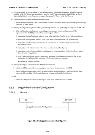 3GPP TS 36.331 version 10.2.0 Release 10                  97                        ETSI TS 136 331 V10.2.0 (2011-07)


   1> if rlf-ReportReq is set to true and the UE has radio link failure information or handover failure information
      available in VarRLF-Report and plmn-Identity stored in VarRLF-Report is equal to the RPLMN, set the rlf-
      Report in the UEInformationResponse message to the value of rlf-Report in VarRLF-Report;

  1> if the rlf-Report is included in UEInformationResponse:

      2> discard the rlf-Report from VarRLF-Report upon successful delivery of the UEInformationResponse message
         confirmed by lower layers.

   1> if the logMeasReportReq is present and the plmn-Identity stored in VarLogMeasReport is equal to the RPLMN:

      2> if VarLogMeasReport includes one or more logged measurement entries, set the contents of the
         logMeasReport in the UEInformationResponse message as follows:

          3> include the absoluteTimeStamp and set it to the value of absoluteTimeInfo in the VarLogMeasReport;

          3> include the traceReference and set it to the value of traceReference in the VarLogMeasReport;

          3> include the traceRecordingSessionRef and set it to the value of traceRecordingSessionRef in the
             VarLogMeasReport;

          3> include the tce-Id and set it to the value of tce-Id in the VarLogMeasReport;

          3> include the logMeasInfoList and set it to include one or more entries from VarLogMeasReport starting
             from the entries logged first;

          3> if the VarLogMeasReport includes one or more additional logged measurement entries that are not
             included in the logMeasInfoList within the UEInformationResponse message:

              4> include the logMeasAvailable;

   1> if the logMeasReport is included in the UEInformationResponse:

      2> submit the UEInformationResponse message to lower layers for transmission via SRB2;

      2> discard the logged measurement entries included in the logMeasInfoList from VarLogMeasReport upon
         successful delivery of the UEInformationResponse message confirmed by lower layers;

   1> else:

      2> submit the UEInformationResponse message to lower layers for transmission via SRB1;




5.6.6         Logged Measurement Configuration

5.6.6.1          General


                        UE                                                             EUTRAN


                            LoggedMeasurementConfiguration




                             Figure 5.6.6.1-1: Logged measurement configuration




                                                         ETSI
 
