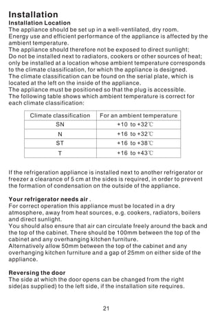 Installation
Installation Location
The appliance should be set up in a well-ventilated, dry room.
Energy use and efficient performance of the appliance is affected by the
ambient temperature.
The appliance should therefore not be exposed to direct sunlight;
Do not be installed next to radiators, cookers or other sources of heat;
only be installed at a location whose ambient temperature corresponds
to the climate classification, for which the appliance is designed.
The climate classification can be found on the serial plate, which is
located at the left on the inside of the appliance.
The appliance must be positioned so that the plug is accessible.
The following table shows which ambient temperature is correct for
each climate classification:
Climate classification For an ambient temperature
SN
N
ST
T
+10 to +32℃
+16 to +32℃
+16 to +38℃
+16 to +43℃
If the refrigeration appliance is installed next to another refrigerator or
freezer a clearance of 5 cm at the sides is required, in order to prevent
the formation of condensation on the outside of the appliance.
Your refrigerator needs air .
For correct operation this appliance must be located in a dry
atmosphere, away from heat sources, e.g. cookers, radiators, boilers
and direct sunlight.
You should also ensure that air can circulate freely around the back and
the top of the cabinet. There should be 100mm between the top of the
cabinet and any overhanging kitchen furniture.
Alternatively allow 50mm between the top of the cabinet and any
overhanging kitchen furniture and a gap of 25mm on either side of the
appliance.
Reversing the door
The side at which the door opens can be changed from the right
side(as supplied) to the left side, if the installation site requires.
21
 