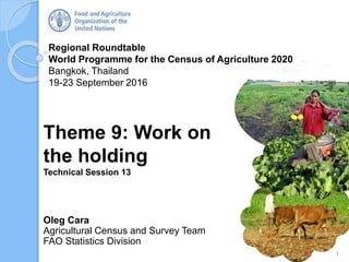 Regional Roundtable
World Programme for the Census of Agriculture 2020
Bangkok, Thailand
19-23 September 2016
Oleg Cara
Agricultural Census and Survey Team
FAO Statistics Division
Theme 9: Work on
the holding
Technical Session 13
1
 