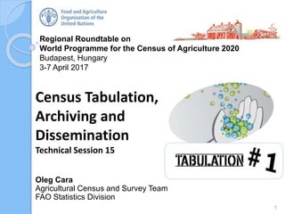 Regional Roundtable on
World Programme for the Census of Agriculture 2020
Budapest, Hungary
3-7 April 2017
Oleg Cara
Agricultural Census and Survey Team
FAO Statistics Division
Census Tabulation,
Archiving and
Dissemination
Technical Session 15
1
 