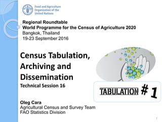 Regional Roundtable
World Programme for the Census of Agriculture 2020
Bangkok, Thailand
19-23 September 2016
Oleg Cara
Agricultural Census and Survey Team
FAO Statistics Division
Census Tabulation,
Archiving and
Dissemination
Technical Session 16
1
 