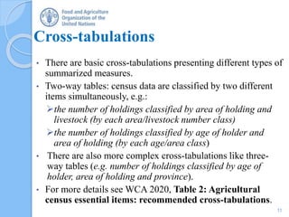 Cross-tabulations
• There are basic cross-tabulations presenting different types of
summarized measures.
• Two-way tables: census data are classified by two different
items simultaneously, e.g.:
the number of holdings classified by area of holding and
livestock (by each area/livestock number class)
the number of holdings classified by age of holder and
area of holding (by each age/area class)
• There are also more complex cross-tabulations like three-
way tables (e.g. number of holdings classified by age of
holder, area of holding and province).
• For more details see WCA 2020, Table 2: Agricultural
census essential items: recommended cross-tabulations.
11
 