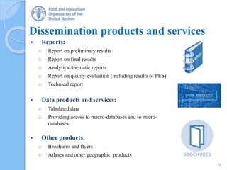 Dissemination products and services
 Reports:
o Report on preliminary results
o Report on final results
o Analytical/thematic reports
o Report on quality evaluation (including results of PES)
o Technical report
 Data products and services:
o Tabulated data
o Providing access to macro-databases and to micro-
databases
 Other products:
o Brochures and flyers
o Atlases and other geographic products
18
 
