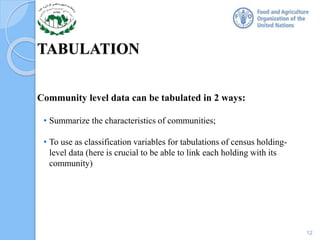 TABULATION
12
Community level data can be tabulated in 2 ways:
• Summarize the characteristics of communities;
• To use as classification variables for tabulations of census holding-
level data (here is crucial to be able to link each holding with its
community)
 