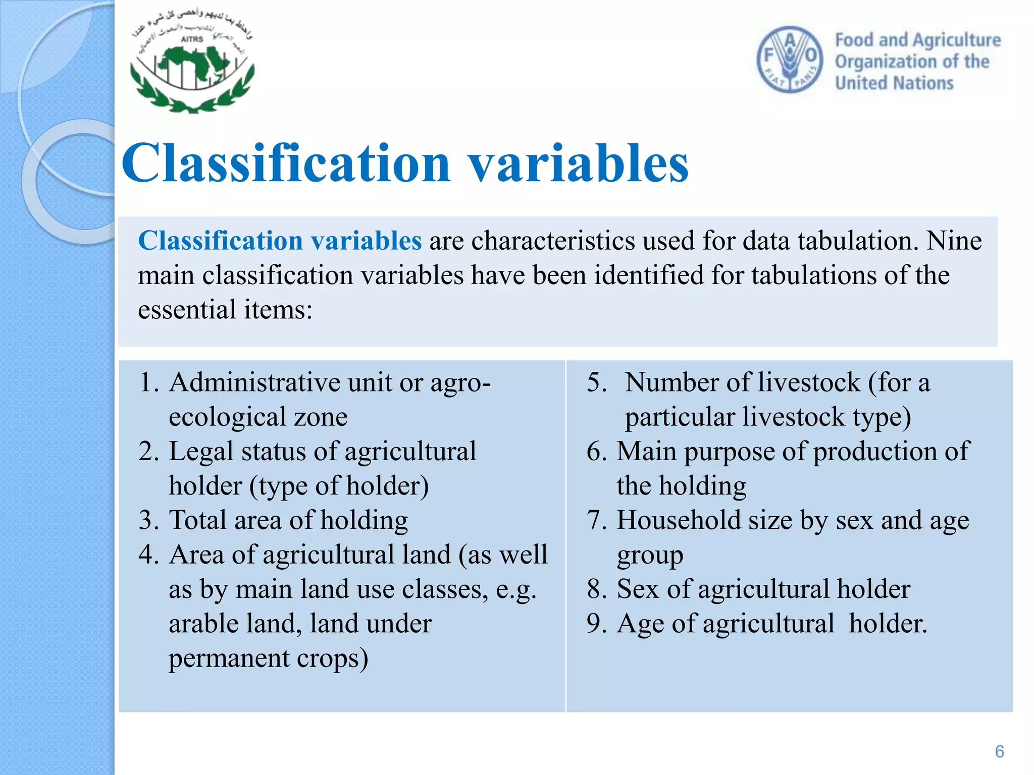 1. Administrative unit or agro-
ecological zone
2. Legal status of agricultural
holder (type of holder)
3. Total area of holding
4. Area of agricultural land (as well
as by main land use classes, e.g.
arable land, land under
permanent crops)
5. Number of livestock (for a
particular livestock type)
6. Main purpose of production of
the holding
7. Household size by sex and age
group
8. Sex of agricultural holder
9. Age of agricultural holder.
Classification variables
Classification variables are characteristics used for data tabulation. Nine
main classification variables have been identified for tabulations of the
essential items:
6
 