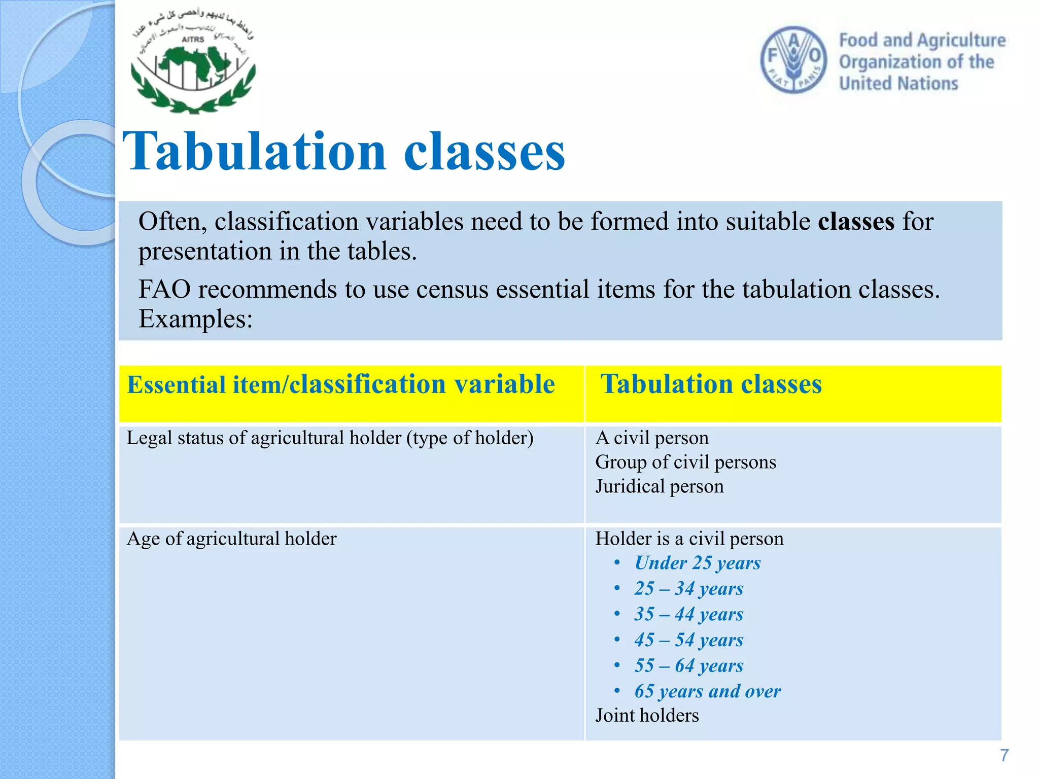 Tabulation classes
Often, classification variables need to be formed into suitable classes for
presentation in the tables.
FAO recommends to use census essential items for the tabulation classes.
Examples:
Essential item/classification variable Tabulation classes
Legal status of agricultural holder (type of holder) A civil person
Group of civil persons
Juridical person
Age of agricultural holder Holder is a civil person
• Under 25 years
• 25 – 34 years
• 35 – 44 years
• 45 – 54 years
• 55 – 64 years
• 65 years and over
Joint holders
7
 