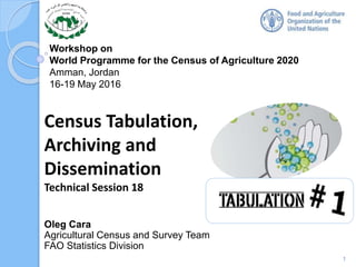 Workshop on
World Programme for the Census of Agriculture 2020
Amman, Jordan
16-19 May 2016
Oleg Cara
Agricultural Census and Survey Team
FAO Statistics Division
Census Tabulation,
Archiving and
Dissemination
Technical Session 18
1
 