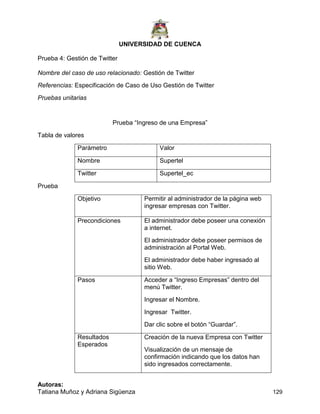 UNIVERSIDAD DE CUENCA
Autoras:
Tatiana Muñoz y Adriana Sigüenza 129
Prueba 4: Gestión de Twitter
Nombre del caso de uso relacionado: Gestión de Twitter
Referencias: Especificación de Caso de Uso Gestión de Twitter
Pruebas unitarias
Prueba “Ingreso de una Empresa”
Tabla de valores
Parámetro Valor
Nombre Supertel
Twitter Supertel_ec
Prueba
Objetivo Permitir al administrador de la página web
ingresar empresas con Twitter.
Precondiciones El administrador debe poseer una conexión
a internet.
El administrador debe poseer permisos de
administración al Portal Web.
El administrador debe haber ingresado al
sitio Web.
Pasos Acceder a “Ingreso Empresas” dentro del
menú Twitter.
Ingresar el Nombre.
Ingresar Twitter.
Dar clic sobre el botón “Guardar”.
Resultados
Esperados
Creación de la nueva Empresa con Twitter
Visualización de un mensaje de
confirmación indicando que los datos han
sido ingresados correctamente.
 