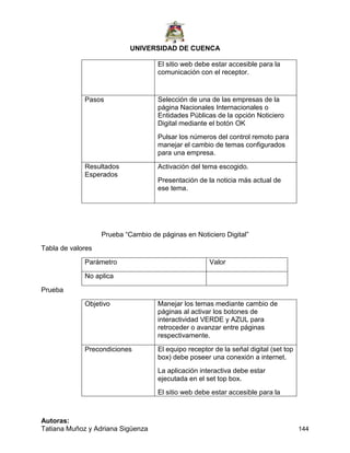 UNIVERSIDAD DE CUENCA
Autoras:
Tatiana Muñoz y Adriana Sigüenza 144
El sitio web debe estar accesible para la
comunicación con el receptor.
Pasos Selección de una de las empresas de la
página Nacionales Internacionales o
Entidades Públicas de la opción Noticiero
Digital mediante el botón OK
Pulsar los números del control remoto para
manejar el cambio de temas configurados
para una empresa.
Resultados
Esperados
Activación del tema escogido.
Presentación de la noticia más actual de
ese tema.
Prueba “Cambio de páginas en Noticiero Digital”
Tabla de valores
Parámetro Valor
No aplica
Prueba
Objetivo Manejar los temas mediante cambio de
páginas al activar los botones de
interactividad VERDE y AZUL para
retroceder o avanzar entre páginas
respectivamente.
Precondiciones El equipo receptor de la señal digital (set top
box) debe poseer una conexión a internet.
La aplicación interactiva debe estar
ejecutada en el set top box.
El sitio web debe estar accesible para la
 