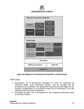 UNIVERSIDAD DE CUENCA
Autoras:
Tatiana Muñoz y Adriana Sigüenza 175
Figura 63: Componentes de GingaMobile
Figura 64: Máquina de Presentación Ginga-NCL y Núcleo Ginga
Núcleo Ginga
 Sintonizador.- Es el componente encargado de recibir los contenidos de
Televisión Digital para dispositivos móviles que son enviados por los
proveedores de contenidos. Las aplicaciones interactivas pueden llegar de dos
maneras: multiplexadas en el contenido recibido por el sintonizador o por otra
interface de red que posea el dispositivo.
 Procesador de datos.- Es un procesamiento que multiplexa la aplicación sobre
el contenido recibido.
Conversor
Formatador
Gerenciador
de Bases
Privadas
Escalonador
Gerenciador de
Exhibidores
Gerenciador de
Contexto
Gerenciador de
Layout
Máquina de Presentación Ginga NCL
Núcleo Ginga
Procesador de
Datos
Gerenciador de
Actualizaciones
Sintonizador
Gerenciador de Contexto
Persistencia
Transporte
Gerenciador
Gráfico
Máquina Lua
Adaptadores
Exhibidores
API Android
Bibliotecas de Sistema Dalvik VM
Kernel Linux
 