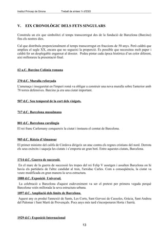 Institut Príncep de Girona       Treball de síntesi 1r d’ESO




V.     EIX CRONOLÒGIC DELS FETS SINGULARS

Construïu un eix que simbolitzi el temps transcorregut des de la fundació de Barcelona (Barcino)
fins els nostres dies.

Cal que distribuïu proporcionalment el temps transcorregut en fraccions de 50 anys. Però caldrà que
amplieu el segle XX, encara que no segueixi la proporció. És possible que necessiteu molt paper i
caldrà fer un desplegable enganxat al dossier. Podeu pintar cada època històrica d’un color diferent,
així millorareu la presentació final.


12
1    a.C. Barcino Colònia romana


270 d.C. Muralla reforçada
L'amenaça i inseguretat en l'imperi romà va obligar a construir una nova muralla sobre l'anterior amb
78 torres defensives. Barcino ja era una ciutat important.


507 d.C. Seu temporal de la cort dels visigots.


717 d.C. Barcelona musulmana


801 d.C. Barcelona carolíngia
El rei franc Carlemany conquereix la ciutat i instaura el comtat de Barcelona.


985 d.C. Ràtzia d'Almansur
El primer ministre del califa de Còrdova dirigeix un atac contra els regnes cristians del nord. Derrota
els seus exèrcits i saqueja les ciutats i s’emporta un gran botí. Entre aquestes ciutats, Barcelona.


1714 d.C. Guerra de successió.
 En el marc de la guerra de successió les tropes del rei Felip V assetgen i assalten Barcelona on hi
havia els partidaris de l'altre candidat al tron, l'arxiduc Carles. Com a conseqüència, la ciutat va
veure modificada en gran manera la seva estructura.
1888 d.C. Exposició Universal.
 La celebració a Barcelona d'aquest esdeveniment va ser el pretext per primera vegada perquè
Barcelona veiés millorada la seva estructura urbana.
1897 d.C. Ampliació dels límits de Barcelona.
 Aquest any es produí l'annexió de Sants, Les Corts, Sant Gervasi de Cassoles, Gràcia, Sant Andreu
del Palomar i Sant Martí de Provençals. Pocs anys més tard s'incorporaren Horta i Sarrià.
                                                                                        .




1929 d.C: Exposició Internacional

                                                    13
 