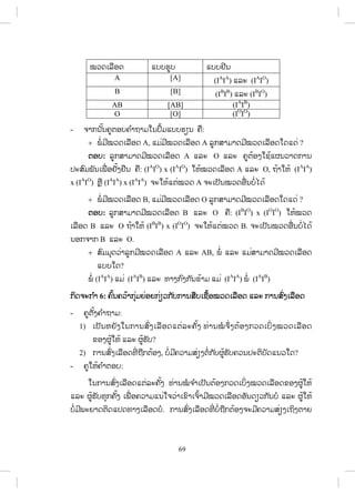 69
ţĹĪŌĸņļĪ ōįįĽňį ōįįĶńĮ
A [A] (IA
IA
) ōĸĿ (IA
IO
)
B [B] (IB
IB
) ōĸĿ (IB
IO
)
AB [AB] (IA
IB
)
O [O] (IO
IO
)
- ħŁģĮ ŀœĮĥňīļįĥ ŗŁĬŁĵŏĮİŅœĵōįįĽŋĮ ĥņņ:
 ĳŗŒ ĵńţĹĪŌĸņļĪ A, ōĵŒĵńţĹĪŌĸņļĪ A ĸňģĺŁĵŁĪĵńţĹĪŌĸņļĪŏĪōĪŒ ?
īļį: ĸňģĺŁĵŁĪĵńţĹĪŌĸņļĪ A ōĸĿ O ōĸĿ ĥňīœļĦŏĨœōıĮĹŁĪģŁĮ
İĿĺŉĵĳŀĮŌĳņŒ ļĶŀœĦĶņĮ ĥņ: (IA
IO
) x (IA
IO
) ŏĻœţĹĪŌĸņļĪ A ōĸĿ O, ĬœŁŏĻœ (IA
IA
)
x (IA
IO
) ĻŊņ (IA
IA
) x (IA
IA
) ħĿŏĻœōīŒţĹĪ A ħĿŌİŀĮţĹĪļņŒĮįŗŒŐĪœ
 ĳŗŒ ĵńţĹĪŌĸņļĪ B, ōĵŒĵńţĹĪŌĸņļĪ O ĸňģĺŁĵŁĪĵńţĹĪŌĸņļĪŏĪōĪŒ ?
īļį: ĸňģĺŁĵŁĪĵńţĹĪŌĸņļĪ B ōĸĿ O ĥņ: (IB
IO
) x (IO
IO
) ŏĻœţĹĪ
ŌĸņļĪ B ōĸĿ O ĬœŁŏĻœ (IB
IB
) x (IO
IO
) ħĿŏĻœōīŒţĹĪ B. ħĿŌİŀĮţĹĪļņŒĮįŗŒŐĪœ
ĮļģħŁģ B ōĸĿ O.
 ĺŉĵĵŇĪĹŒŁĸňģĵńţĹĪŌĸņļĪ A ōĸĿ AB, ĳŗŒ ōĸĿ ōĵŒĺŁĵŁĪĵńţĹĪŌĸņļĪ
ōįįŏĪ?
ĳŗŒ (IA
IA
) ōĵŒ (IA
IB
) ōĸĿ ĭŁĦģ ŉĦģ ŀĮĤœŁĵ ōĵŒ (IA
IA
) ĳŗŒ (IA
IB
)
ģŃĪħĿģ ŗŁ 6: ĥŉœĮĥĹœŁģŇŒĵĩŒļĩģŒŋĹģ ŀįģŁĮĺņįŌĨņœļţĹĪŌĸņļĪ ōĸĿ ģŁĮĺŉŒĦŌĸņļĪ
- ĥňīŀœĦĥ ŗŁĬŁĵ:
1) ŌİŀĮĻĩŀĦŏĮģŁĮĺŉŒĦŌĸņļĪōīŒĸĿĥŀœĦ ĭŒŁĮţŗ ħŅŒĦīœļĦģĹĪŌįŃŒ ĦţĹĪŌĸņļĪ
ĤļĦıňœŏĻœ ōĸĿ ıňœĽŀį?
2) ģŁĮĺŉŒĦŌĸņļĪĭńŒ ĬņģīœļĦ, įŗŒĵńĥĹŁĵĺŒŋĦīŗŒģ ŀįıňœĽŀįĥĹĮİĿīŃįŀĪōĮĹŏĪ?
- ĥňŏĻœĥ ŗŁīļį:
ŏĮģŁĮĺŉŒĦŌĸņļĪōīŒĸĿĥŀœĦ ĭŒŁĮţŗ ħ ŗŁŌİŀĮīœļĦģĹĪŌįŃŒĦţĹĪŌĸņļĪĤļĦıňœŏĻœ
ōĸĿ ıňœĽŀįĭŇģĥŀœĦ ŌĳņŒ ļĥĹŁĵōĮŒŏħĹŒŁŌĤŉŁŌħŉœŁĵńţĹĪŌĸņļĪļŀĮĪŋĹģ ŀĮįŗ ōĸĿ ıňœŏĻœ
įŗŒĵńĳĿĩŁĪīŃĪōİĪĭŁĦŌĸņļĪįŗ. ģŁĮĺŉŒĦŌĸņļĪĭńŒ įŗŒĬņģīœļĦħĿĵńĥĹŁĵĺŒŋĦŌĬŃĦīŁĩ
ສ.ວ.ສ
ສະຫງວນລິຂະສິດ
 