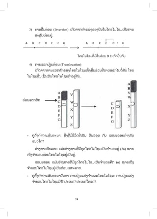 74
3) ģŁĮİńœĮĭŒļĮ (Inversion) ŌģńĪħŁģī ŗŁōŢŒĦĤļĦĶńĮŏĮŎĥķŎĵŎĨĵŌģńĪģŁĮ
ĺĿĻŊŀįįŒļĮĶňŒ.
4) ģŁĮōĸģİŒŋĮĭŒļĮ (Translocation)
ŌģńĪħŁģģŁĮōīģĻŀģĤļĦŎĥķŎĵŎĨĵŢŅŒ ĦĺŃœĮĺŒĹĮĭńŒ ĤŁĪļļģŐİīŗŒģ ŀį Ŏĥķ
ŎĵŎĨĵļņŒĮŌĨŃŒĦŌİŀĮŎĥķŎĵŎĨĵīŒŁĦĥňŒģ ŀĮ.
- ĥňīŀœĦĥ ŗŁĬŁĵĺŉĮĭĿĮŁ: ĺŃŒĦĭńŒ ĵńĨńĹŃĪĭńŒ ŌİŀĮ Īńĳĸļĩ ģ ŀį ōĽįĳĸļĩīŒŁĦģ ŀĮ
ōĮĹŏĪ?
ĽŒŁĦģŁĩĪńĳĸļĩ ōĵŒĮĽŒŁĦģŁĮĭńŒ ĵńĨŇĪŎĥķŎĵŎĨĵŌİŀĮħ ŗŁĮĹĮĥňŒ (2n) ţŁĩ
ŌĬŃĦħ ŗŁĮĹĮĭŒļĮŎĥķŎĵŎĨĵĶňŒŌİŀĮĥňŒ.
ōĽįĳĸļĩ ōĵŒĮĽŒŁĦģŁĩĭńŒ ĵńĨŇĪŎĥķŎĵŎĨĵŌİŀĮħ ŗŁĮĹĮĥńģ (n) ţŁĩŌĬŃĦ
ħ ŗŁĮĹĮŎĥķŎĵŎĨĵĶňŒŌİŀĮĭŒļĮŌļģĿĸŁĪ.
- ĥňīŀœĦĥ ŗŁĬŁĵĺŉĮĭĿĮŁįŀĮĻŁ ģŁĮİŒŋĮōİĦħ ŗŁĮĹĮŎĥķŎĵŎĨĵ: ģŁĮİŒŋĮōİĦ
ħ ŗŁĮĹĮŎĥķŎĵŎĨĵĵńħ ŀģİĿŌĳĪ? İĿŌĳĪŏĪōĪŒ?
įŒļĮōīģĻŀģ
A B C D E F G A B C E D F G
xx
ŎĥķŎĵŎĨĵĭńŒ ĵńĺŃœĮĺŒŒĹĮ D E ŌģńĪİńœĮģ ŀį
 