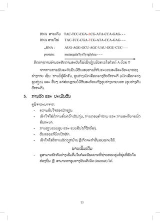 77
DNA ĺŁĩŌĪńĵ TAC-TCC-CGA-ACG-ATA-CCA-GAG- - -
DNA ĺŁĩŏţŒ TAC-TCC-CGA-TCG-ATA-CCA-GAG- - -
mRNA : AUG-AGG-GCU-AGC-UAU-GGU-CUC- - -
protein: metargalaTyrTyrglyleu - - -
ĭŃĪĭŁĦģŁĮļŒŁĮĸĿĻŀĪīŁĵĺĿįŀįŏţŒŌĨŃŒĦİŒŋĮĮŃĹĥŌĸŎļŐĭĪŖ A ĪœĹĩ T
ħŁģģŁĮģŁĩĳŀĮĸĿĪŀįĶńĮĵńıŉĮŌĺĩĻŁĩīŗŒģ ŀįĤĿįĹĮĺĿĸŃĸĿĹŃĭĿĩŁĤļĦ
ĽŒŁĦģŁĩ ŌĨŀŒĮ: ģŁĮįŗŒĽňœĸŉĪĤŉĵ, ĽňįĽŒŁĦŌĵŀĪŌĸņļĪōĪĦıŃĪİŉģģĿīŃ (ŌĵŀĪŌĸņļĪōĪĦ
ĽňįģŒŋĹ) ōĸĿ ļņŒĮő ōīŒĺŒĹĮĻŊŁĩįŗŒĵńıŉĮĺĿĭœļĮŌĬŃĦĽňįĽŒŁĦĳŁĩĮļģ (ĽňįĽŒŁĦĥŉĮ
İŉģģĿīŃ).
5. ģŁĮĹŀĪ ōĸĿ İĿŌĵńĮıŉĮ
ĥňĳŃħŁĸĿĮŁħŁģ:
- ĥĹŁĵĺŉĮŏħĤļĦĮ ŀģĽŋĮ.
- ŌļŉŁŏħŏĺŒīŗŒ ģŁĮĥŉœĮĥĹœŁŌİŀĮģŇŒĵ, ģŁĮīļįĥ ŗŁĬŁĵ ōĸĿ ģŁĮļĿĭŃįŁĩįŉĪ
ĺŉĮĭĿĮŁ.
- ģŁĮĤŋĮōįįĽňį ōĸĿ ōįįĶńĮŐĪœĬņģīœļĦ.
- ıŉĮĤļĦōģœįŉĪŌĲńģĻŀĪ.
- ŌļŉŁŏħŏĺŒīŗŒģŁĮŌĽŀĪĹŋģįœŁĮ ĻŊņ ģŃĪħĿģ ŗŁĭńŒ ĵļįţŁĩŏĻœ.
ĳŁįŌĳńŒ ĵŌīńĵ
- ĥňĺŁĵŁĪĩŉģīŉĹĶŒŁĦŌĳńŒ ĵīņŒĵŏĮģŗĸĿĮńĳĿĩŁĪĭńŒ ĬŒŁĩĭļĪĽŇŒĮīŗŒĽŇŒĮĭńŒ ĳŉįŏĮ
ĭœļĦĬŃŒĮ ĻŊņ ĺŁĵŁĪĻŁĽňįĭŁĦļŃĮŌīńŌĮŀĪ (internet) ŐĪœ.
ສ.ວ.ສ
ສະຫງວນລິຂະສິດ
 