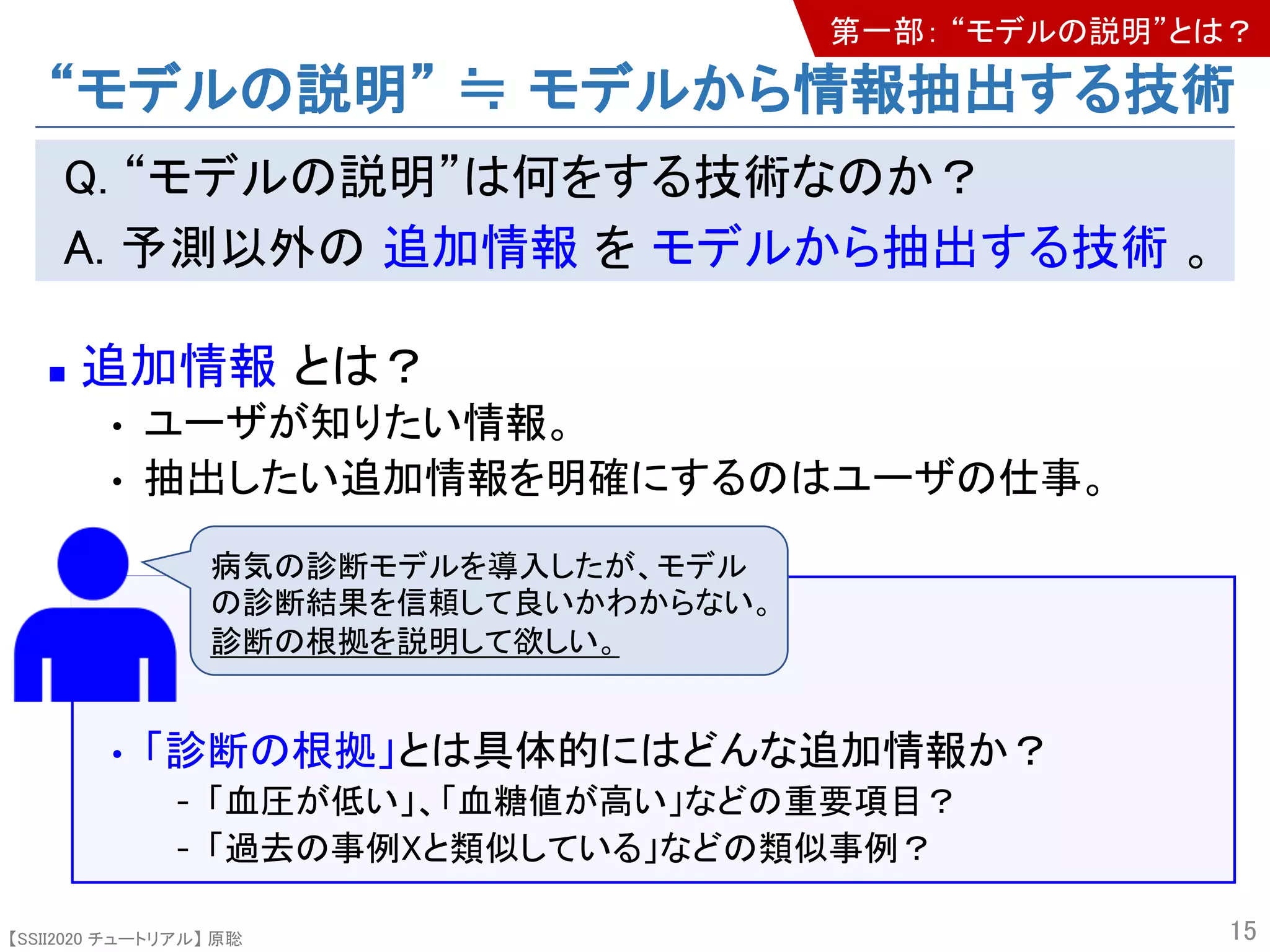【SSII2020 チュートリアル】 原聡
Q. “モデルの説明”は何をする技術なのか？
A. 予測以外の 追加情報 を モデルから抽出する技術 。
n 追加情報 とは？
• ユーザが知りたい情報。
• 抽出したい追加情報を明確にするのはユーザの仕事。
• 「診断の根拠」とは具体的にはどんな追加情報か？
- 「血圧が低い」、「血糖値が高い」などの重要項目？
- 「過去の事例Xと類似している」などの類似事例？
15
病気の診断モデルを導入したが、モデル
の診断結果を信頼して良いかわからない。
診断の根拠を説明して欲しい。
“モデルの説明” ≒ モデルから情報抽出する技術
第一部： “モデルの説明”とは？
 