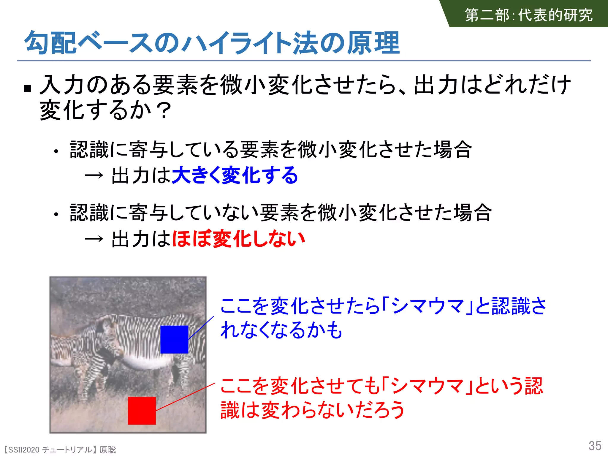 【SSII2020 チュートリアル】 原聡
勾配ベースのハイライト法の原理
n 入力のある要素を微小変化させたら、出力はどれだけ
変化するか？
• 認識に寄与している要素を微小変化させた場合
→ 出力は大きく変化する
• 認識に寄与していない要素を微小変化させた場合
→ 出力はほぼ変化しない
35
ここを変化させたら「シマウマ」と認識さ
れなくなるかも
ここを変化させても「シマウマ」という認
識は変わらないだろう
第二部：代表的研究
 