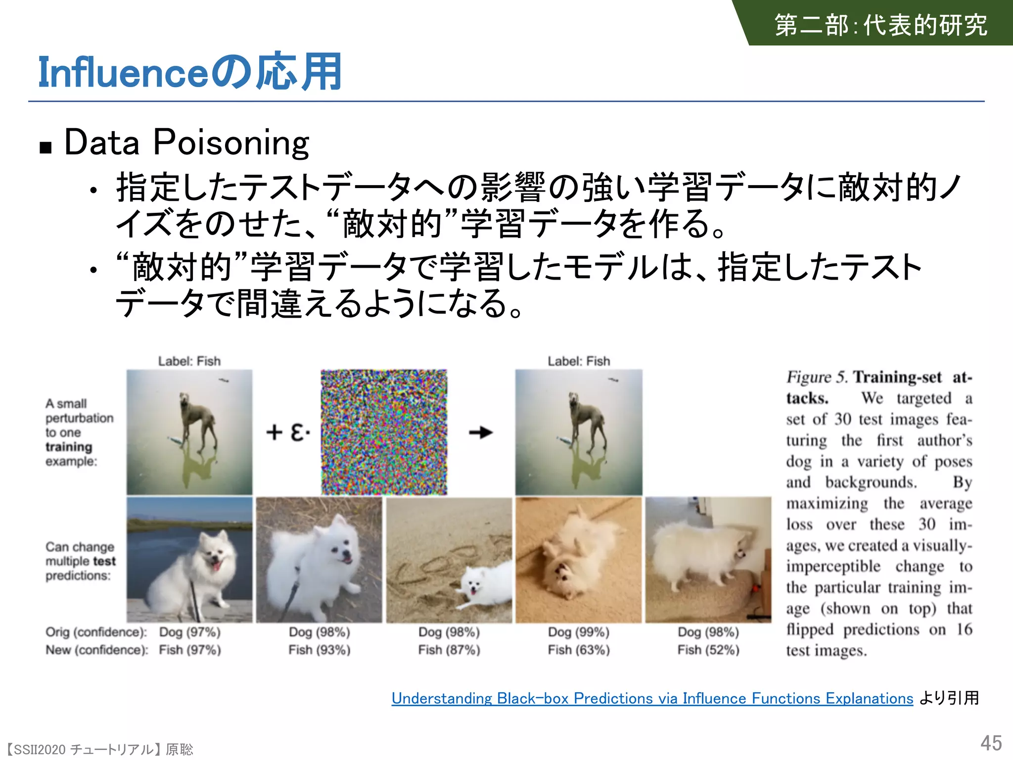 【SSII2020 チュートリアル】 原聡
Influenceの応用
n Data Poisoning
• 指定したテストデータへの影響の強い学習データに敵対的ノ
イズをのせた、“敵対的”学習データを作る。
• “敵対的”学習データで学習したモデルは、指定したテスト
データで間違えるようになる。
45
第二部：代表的研究
Understanding Black-box Predictions via Influence Functions Explanations より引用
 