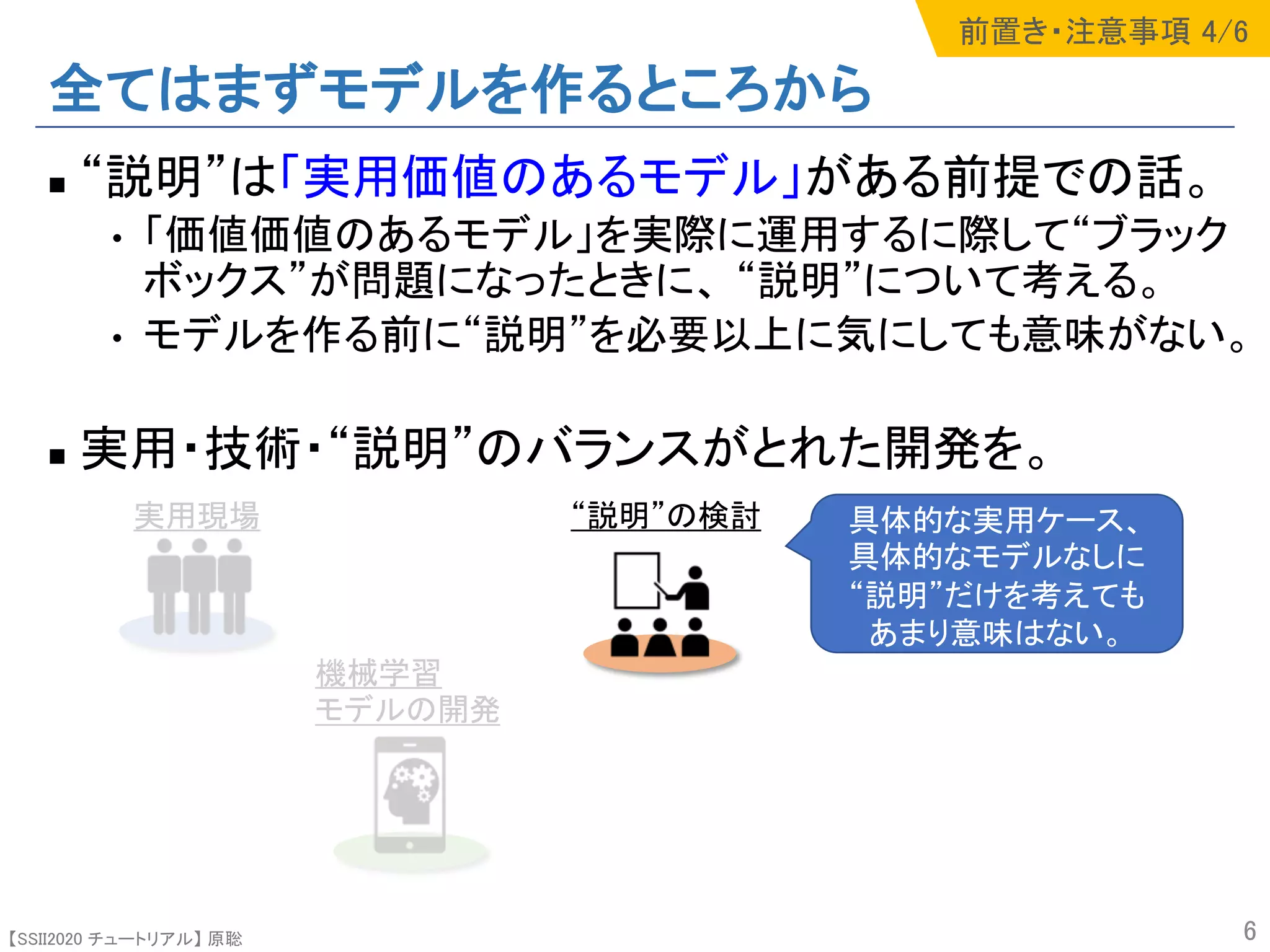 【SSII2020 チュートリアル】 原聡
全てはまずモデルを作るところから
n “説明”は「実用価値のあるモデル」がある前提での話。
• 「価値価値のあるモデル」を実際に運用するに際して“ブラック
ボックス”が問題になったときに、 “説明”について考える。
• モデルを作る前に“説明”を必要以上に気にしても意味がない。
n 実用・技術・“説明”のバランスがとれた開発を。
6
機械学習
モデルの開発
“説明”の検討実用現場 具体的な実用ケース、
具体的なモデルなしに
“説明”だけを考えても
あまり意味はない。
前置き・注意事項 4/6
 