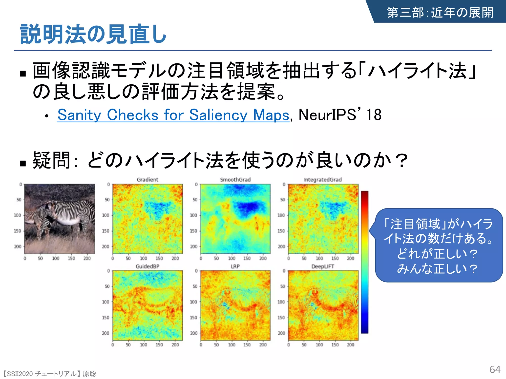 【SSII2020 チュートリアル】 原聡
説明法の見直し
n 画像認識モデルの注目領域を抽出する「ハイライト法」
の良し悪しの評価方法を提案。
• Sanity Checks for Saliency Maps, NeurIPS’18
n 疑問： どのハイライト法を使うのが良いのか？
64
「注目領域」がハイラ
イト法の数だけある。
どれが正しい？
みんな正しい？
第三部：近年の展開
 