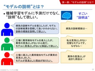 【SSII2020 チュートリアル】 原聡
すごい
“説明法”
“モデルの説明”とは？
n 機械学習モデルに予測だけでなく、
“説明”もして欲しい。
11
病気の診断モデルを導入したが、モデル
の診断結果を信頼して良いかわからない。
診断の根拠を説明して欲しい。
工場に異常検知モデルを導入したが、
異常の見落としがないか心配だ。
モデルに見落としがないと保証して欲しい。
工場に導入した異常検知モデルが異常の
見落としをした。
モデルが見落とした理由が知りたい。
病気の診断根拠は…
私は見落としのない
完璧なモデルです。
なぜなら…
異常の見落としが
起きた原因は…
第一部： “モデルの説明”とは？
 