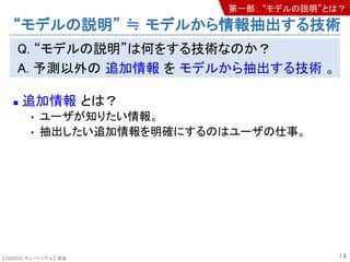 【SSII2020 チュートリアル】 原聡
“モデルの説明” ≒ モデルから情報抽出する技術
Q. “モデルの説明”は何をする技術なのか？
A. 予測以外の 追加情報 を モデルから抽出する技術 。
n 追加情報 とは？
• ユーザが知りたい情報。
• 抽出したい追加情報を明確にするのはユーザの仕事。
14
第一部： “モデルの説明”とは？
 