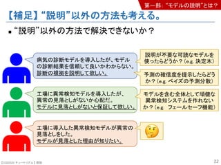 【SSII2020 チュートリアル】 原聡
【補足】 “説明”以外の方法も考える。
n “説明”以外の方法で解決できないか？
22
病気の診断モデルを導入したが、モデル
の診断結果を信頼して良いかわからない。
診断の根拠を説明して欲しい。
工場に異常検知モデルを導入したが、
異常の見落としがないか心配だ。
モデルに見落としがないと保証して欲しい。
工場に導入した異常検知モデルが異常の
見落としをした。
モデルが見落とした理由が知りたい。
予測の確信度を提示したらどう
か？（e.g. ベイズの予測分散）
説明が不要な可読なモデルを
使ったらどうか？（e.g. 決定木）
モデルを含む全体として頑健な
異常検知システムを作れない
か？（e.g. フェールセーフ機能）
!
第一部： “モデルの説明”とは？
 