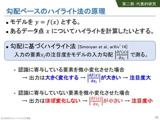 【SSII2020 チュートリアル】 原聡
勾配ベースのハイライト法の原理
n モデルを ! = # $ とする。
n あるデータ点 $ についてハイライトを計算したいとする。
n 勾配に基づくハイライト法 [Simonyan et al., arXiv’14]
入力の要素$%の注目度をモデルの入力勾配
&' (
&()
で測る。
• 認識に寄与している要素を微小変化させた場合
→ 出力は大きく変化する →
*+ ,
*,-
が大きい → 注目度大
• 認識に寄与していない要素を微小変化させた場合
→ 出力はほぼ変化しない →
&' (
&()
が小さい → 注目度小
36
第二部：代表的研究
 