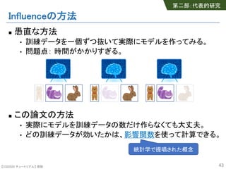 【SSII2020 チュートリアル】 原聡
Influenceの方法
n 愚直な方法
• 訓練データを一個ずつ抜いて実際にモデルを作ってみる。
• 問題点： 時間がかかりすぎる。
n この論文の方法
• 実際にモデルを訓練データの数だけ作らなくても大丈夫。
• どの訓練データが効いたかは、影響関数を使って計算できる。
43
統計学で提唱された概念
第二部：代表的研究
 
