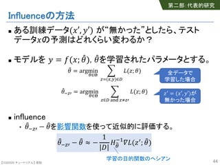 【SSII2020 チュートリアル】 原聡
Influenceの方法
n ある訓練データ("′, %′) が“無かった”としたら、テスト
データ"の予測はどれくらい変わるか？
n モデルを % = (("; *+), *+を学習されたパラメータとする。
*+ = argmin
2∈4
5
67(8,9)∈:
;(<; +)
*+=6> = argmin
2∈4
5
6∈: ?@A 6B6>
;(<; +)
n influence
• C+=6> − C+を影響関数を使って近似的に評価する。
C+=6> − C+ ≈ −
1
G
HI2
=J
K;(<>; C+)
44
全データで
学習した場合
<>
= ("′, %′)が
無かった場合
第二部：代表的研究
学習の目的関数のへシアン
 