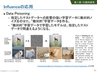 【SSII2020 チュートリアル】 原聡
Influenceの応用
n Data Poisoning
• 指定したテストデータへの影響の強い学習データに敵対的ノ
イズをのせた、“敵対的”学習データを作る。
• “敵対的”学習データで学習したモデルは、指定したテスト
データで間違えるようになる。
45
第二部：代表的研究
Understanding Black-box Predictions via Influence Functions Explanations より引用
 