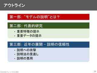 【SSII2020 チュートリアル】 原聡
アウトライン
第一部： “モデルの説明”とは？
第二部： 代表的研究
• 重要特徴の提示
• 重要データの提示
第三部： 近年の展開 – 説明の信頼性
• 説明への攻撃
• 説明法の見直し
• 説明の悪用
59
 