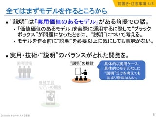 【SSII2020 チュートリアル】 原聡
全てはまずモデルを作るところから
n “説明”は「実用価値のあるモデル」がある前提での話。
• 「価値価値のあるモデル」を実際に運用するに際して“ブラック
ボックス”が問題になったときに、 “説明”について考える。
• モデルを作る前に“説明”を必要以上に気にしても意味がない。
n 実用・技術・“説明”のバランスがとれた開発を。
6
機械学習
モデルの開発
“説明”の検討実用現場 具体的な実用ケース、
具体的なモデルなしに
“説明”だけを考えても
あまり意味はない。
前置き・注意事項 4/6
 