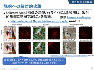 【SSII2020 チュートリアル】 原聡
説明への敵対的攻撃
n Saliency Map（画像の勾配ハイライト）による説明は、敵対
的攻撃に脆弱であることを指摘。
• Interpretation of Neural Networks is Fragile, AAAI’19
61
Interpretation of Neural Networks Is Fragile Explanations より引用
画像に微小ノイズをのせることで、分類結果を変えることなく、
“説明”のハイライト箇所を変えることができる。
第三部：近年の展開
[実装 InterpretationFragility]
 