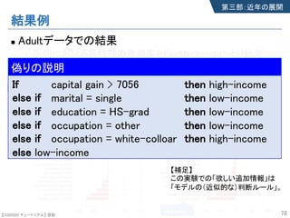 【SSII2020 チュートリアル】 原聡
結果例
n Adultデータでの結果
• 説明における各特徴の重要度をFairMLツールにより計測
78
正直な説明 偽りの説明
gender
gender
第三部：近年の展開
If
else if
else if
else if
else if
else low-income
then high-income
then low-income
then low-income
then low-income
then high-income
capital gain > 7056
marital = single
education = HS-grad
occupation = other
occupation = white-colloar
偽りの説明
【補足】
この実験での「欲しい追加情報」は
「モデルの（近似的な）判断ルール」。
【SSII2020 チュートリアル】 原聡
 