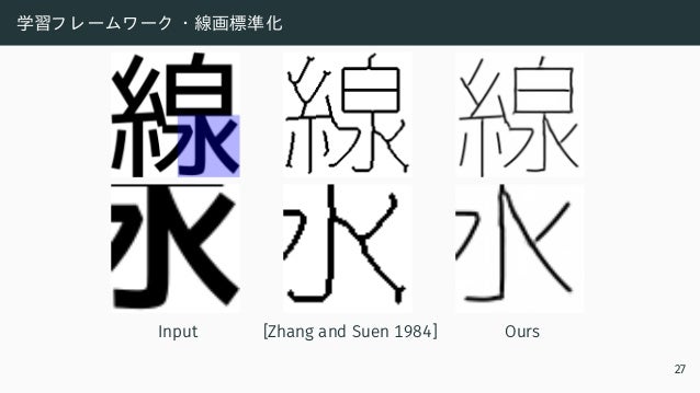 学習フ レ ームワ ーク ・ 線画標準化
Input [Zhang and Suen 1984] Ours
27
 