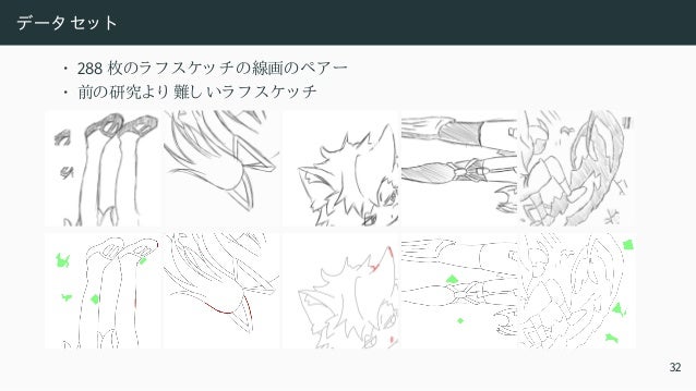 モデル
• エンコ ーダー ・ ディ コ ーダー型 [Simo-Serra+ 2016]
• 24 レ イ ヤーの全層畳み込みニュ ーラ ルネッ ト ワ ーク
• フ ィ ルタ ーの数を 減少
• 約三倍の加速
Approach Parameters 10242
px 15122
px 20482
px 25602
px
Baseline 44,551,425 238.8ms 562.4ms 984.7ms 1.59s
Ours 12,795,169 89.9ms 225.5ms 382.7ms 592.9ms
31
 