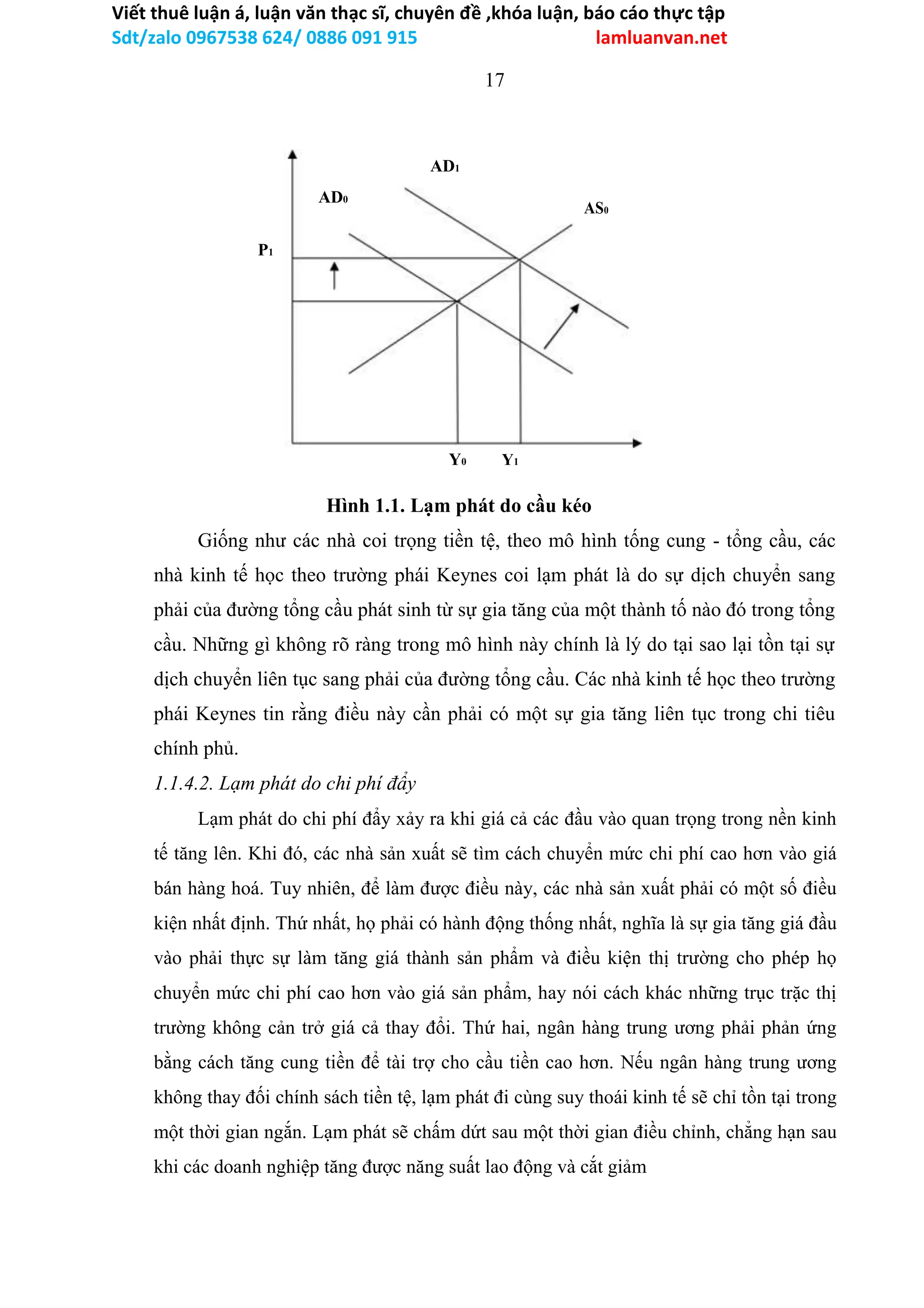 Viết thuê luận á, luận văn thạc sĩ, chuyên đề ,khóa luận, báo cáo thực tập
Sdt/zalo 0967538 624/ 0886 091 915 lamluanvan.net
17
AD1
AD0
AS0
P1
Y0 Y1
Hình 1.1. Lạm phát do cầu kéo
Giống như các nhà coi trọng tiền tệ, theo mô hình tống cung - tổng cầu, các
nhà kinh tế học theo trường phái Keynes coi lạm phát là do sự dịch chuyển sang
phải của đường tổng cầu phát sinh từ sự gia tăng của một thành tố nào đó trong tổng
cầu. Những gì không rõ ràng trong mô hình này chính là lý do tại sao lại tồn tại sự
dịch chuyển liên tục sang phải của đường tổng cầu. Các nhà kinh tế học theo trường
phái Keynes tin rằng điều này cần phải có một sự gia tăng liên tục trong chi tiêu
chính phủ.
1.1.4.2. Lạm phát do chi phí đẩy
Lạm phát do chi phí đẩy xảy ra khi giá cả các đầu vào quan trọng trong nền kinh
tế tăng lên. Khi đó, các nhà sản xuất sẽ tìm cách chuyển mức chi phí cao hơn vào giá
bán hàng hoá. Tuy nhiên, để làm được điều này, các nhà sản xuất phải có một số điều
kiện nhất định. Thứ nhất, họ phải có hành động thống nhất, nghĩa là sự gia tăng giá đầu
vào phải thực sự làm tăng giá thành sản phẩm và điều kiện thị trường cho phép họ
chuyển mức chi phí cao hơn vào giá sản phẩm, hay nói cách khác những trục trặc thị
trường không cản trở giá cả thay đổi. Thứ hai, ngân hàng trung ương phải phản ứng
bằng cách tăng cung tiền để tài trợ cho cầu tiền cao hơn. Nếu ngân hàng trung ương
không thay đối chính sách tiền tệ, lạm phát đi cùng suy thoái kinh tế sẽ chỉ tồn tại trong
một thời gian ngắn. Lạm phát sẽ chấm dứt sau một thời gian điều chỉnh, chẳng hạn sau
khi các doanh nghiệp tăng được năng suất lao động và cắt giảm
 
