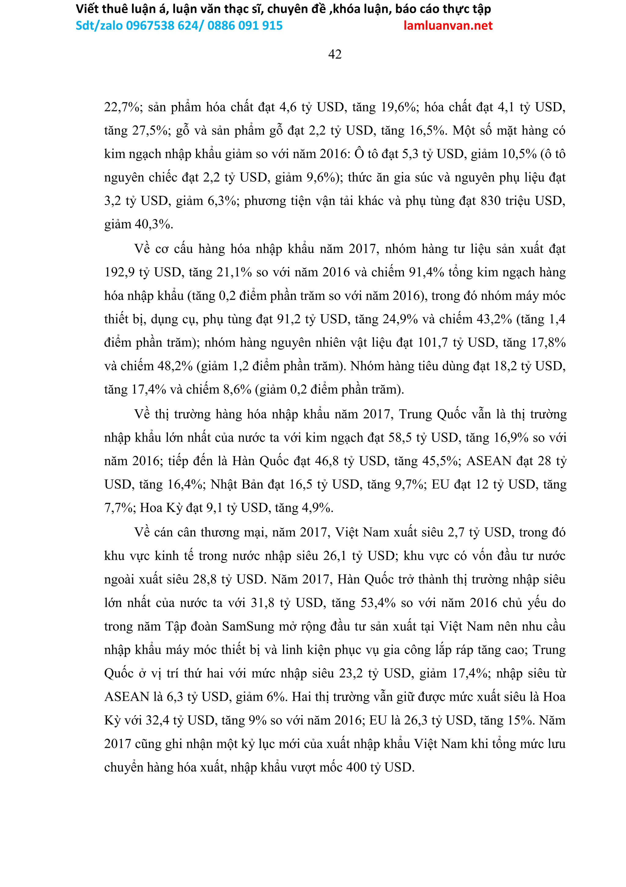 Viết thuê luận á, luận văn thạc sĩ, chuyên đề ,khóa luận, báo cáo thực tập
Sdt/zalo 0967538 624/ 0886 091 915 lamluanvan.net
42
22,7%; sản phẩm hóa chất đạt 4,6 tỷ USD, tăng 19,6%; hóa chất đạt 4,1 tỷ USD,
tăng 27,5%; gỗ và sản phẩm gỗ đạt 2,2 tỷ USD, tăng 16,5%. Một số mặt hàng có
kim ngạch nhập khẩu giảm so với năm 2016: Ô tô đạt 5,3 tỷ USD, giảm 10,5% (ô tô
nguyên chiếc đạt 2,2 tỷ USD, giảm 9,6%); thức ăn gia súc và nguyên phụ liệu đạt
3,2 tỷ USD, giảm 6,3%; phương tiện vận tải khác và phụ tùng đạt 830 triệu USD,
giảm 40,3%.
Về cơ cấu hàng hóa nhập khẩu năm 2017, nhóm hàng tư liệu sản xuất đạt
192,9 tỷ USD, tăng 21,1% so với năm 2016 và chiếm 91,4% tổng kim ngạch hàng
hóa nhập khẩu (tăng 0,2 điểm phần trăm so với năm 2016), trong đó nhóm máy móc
thiết bị, dụng cụ, phụ tùng đạt 91,2 tỷ USD, tăng 24,9% và chiếm 43,2% (tăng 1,4
điểm phần trăm); nhóm hàng nguyên nhiên vật liệu đạt 101,7 tỷ USD, tăng 17,8%
và chiếm 48,2% (giảm 1,2 điểm phần trăm). Nhóm hàng tiêu dùng đạt 18,2 tỷ USD,
tăng 17,4% và chiếm 8,6% (giảm 0,2 điểm phần trăm).
Về thị trường hàng hóa nhập khẩu năm 2017, Trung Quốc vẫn là thị trường
nhập khẩu lớn nhất của nước ta với kim ngạch đạt 58,5 tỷ USD, tăng 16,9% so với
năm 2016; tiếp đến là Hàn Quốc đạt 46,8 tỷ USD, tăng 45,5%; ASEAN đạt 28 tỷ
USD, tăng 16,4%; Nhật Bản đạt 16,5 tỷ USD, tăng 9,7%; EU đạt 12 tỷ USD, tăng
7,7%; Hoa Kỳ đạt 9,1 tỷ USD, tăng 4,9%.
Về cán cân thương mại, năm 2017, Việt Nam xuất siêu 2,7 tỷ USD, trong đó
khu vực kinh tế trong nước nhập siêu 26,1 tỷ USD; khu vực có vốn đầu tư nước
ngoài xuất siêu 28,8 tỷ USD. Năm 2017, Hàn Quốc trở thành thị trường nhập siêu
lớn nhất của nước ta với 31,8 tỷ USD, tăng 53,4% so với năm 2016 chủ yếu do
trong năm Tập đoàn SamSung mở rộng đầu tư sản xuất tại Việt Nam nên nhu cầu
nhập khẩu máy móc thiết bị và linh kiện phục vụ gia công lắp ráp tăng cao; Trung
Quốc ở vị trí thứ hai với mức nhập siêu 23,2 tỷ USD, giảm 17,4%; nhập siêu từ
ASEAN là 6,3 tỷ USD, giảm 6%. Hai thị trường vẫn giữ được mức xuất siêu là Hoa
Kỳ với 32,4 tỷ USD, tăng 9% so với năm 2016; EU là 26,3 tỷ USD, tăng 15%. Năm
2017 cũng ghi nhận một kỷ lục mới của xuất nhập khẩu Việt Nam khi tổng mức lưu
chuyển hàng hóa xuất, nhập khẩu vượt mốc 400 tỷ USD.
 