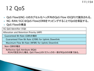 111/154
 QoS FlowはNG-Uのカプセル化ヘッダ内のQoS Flow ID(QFI)で識別される。
 NG-RAN/5GCはQoS FlowとDRBをマッピングすることでQoSを保証する。
 QoS Flowの構造
5G QoS Identifier (5QI)
Allocation and Retention Priority (ARP)
Guaranteed Bit Rate (GBR)の場合
Guaranteed Flow Bit Rate (GFBR) for Uplink/Downlink
Maximum Flow Bit Rate (MFBR) for Uplink/Downlink
Non-GBRの場合
Reflective QoS Attribute (RQA)
ROAが設定された場合、QoS Flow上のトラフィックの一部がRQoSの対象である。
 