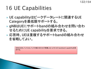 122/154
 UE capabilityはピークデータレートに関連するUE
Categoryを最低限サポートする。
 gNBはUEにサポートbandの組み合わせを問い合わ
せるためにUE capabilityを要求できる。
 応答時、UEは重複するサポートbandの組み合わせ
を省略してよい。
RAN2はDLバンドとULバンドの組み合わせが重複しないようにUE baseband capabilityを設
計する。
 