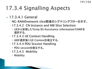 141/154
 17.3.4.1 General
◦ NG-RANのnetwork slice関連のシグナリングフローを示す。
◦ 17.3.4.2 CN Instance and NW Slice Selection
 UEから受信したTemp ID/Assistance informationでAMFを
選択する。
◦ 17.3.4.3 UE Context Handling
 AMF選択後にUE Contextを確立する。
◦ 17.3.4.4 PDU Session Handling
 PDU sessionを確立する。
◦ 17.3.4.5 Mobility
 Mobility
 