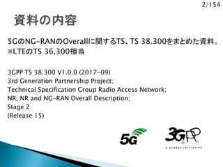 2/154
5GのNG-RANのOverallに関するTS、TS 38.300をまとめた資料。
※LTEのTS 36.300相当
3GPP TS 38.300 V1.0.0 (2017-09)
3rd Generation Partnership Project;
Technical Specification Group Radio Access Network;
NR; NR and NG-RAN Overall Description;
Stage 2
(Release 15)
 