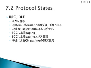51/154
 RRC_IDLE
◦ PLMN選択
◦ System Informationのブロードキャスト
◦ Cell re-selectionによるモビリティ
◦ 5GCによるpaging
◦ 5GCによるpagingエリア管理
◦ NASによるCN pagingのDRX設定
 