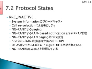 52/154
 RRC_INACTIVE
◦ System Informationのブロードキャスト
◦ Cell re-selectionによるモビリティ
◦ NG-RANによるpaging
◦ NG-RANによるRAN-based notification area（RNA）管理
◦ NG-RANによるRAN pagingのDRX設定
◦ 5GC/NG-RANの接続確立済み（CP、UP）
◦ UE ASコンテキストが1以上のgNB、UEに格納されている
◦ NG-RANはUEのRNAを把握している
ss
 