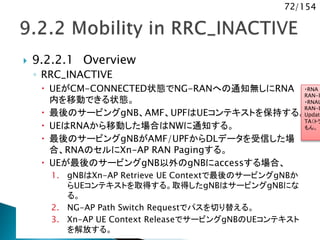 72/154
 9.2.2.1 Overview
◦ RRC_INACTIVE
 UEがCM-CONNECTED状態でNG-RANへの通知無しにRNA
内を移動できる状態。
 最後のサービングgNB、AMF、UPFはUEコンテキストを保持する。
 UEはRNAから移動した場合はNWに通知する。
 最後のサービングgNBがAMF/UPFからDLデータを受信した場
合、RNAのセルにXn-AP RAN Pagingする。
 UEが最後のサービングgNB以外のgNBにaccessする場合、
1. gNBはXn-AP Retrieve UE Contextで最後のサービングgNBか
らUEコンテキストを取得する。取得したgNBはサービングgNBにな
る。
2. NG-AP Path Switch Requestでパスを切り替える。
3. Xn-AP UE Context ReleaseでサービングgNBのUEコンテキスト
を解放する。
・RNA
RAN-b
・RNAU
RAN-b
Update
TA（トラ
もん。
 