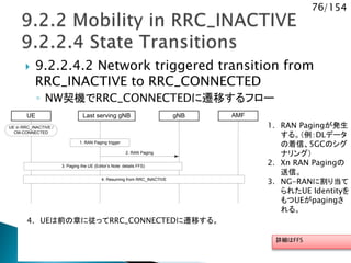 76/154
 9.2.2.4.2 Network triggered transition from
RRC_INACTIVE to RRC_CONNECTED
◦ NW契機でRRC_CONNECTEDに遷移するフロー
1. RAN Pagingが発生
する。（例：DLデータ
の着信、5GCのシグ
ナリング）
2. Xn RAN Pagingの
送信。
3. NG-RANに割り当て
られたUE Identityを
もつUEがpagingさ
れる。
4. UEは前の章に従ってRRC_CONNECTEDに遷移する。
Last serving gNB gNB AMF
2. RAN Paging
UE
UE in RRC_INACTIVE /
CM-CONNECTED
1. RAN Paging trigger
4. Resuming from RRC_INACTIVE
3. Paging the UE (Editor’s Note: details FFS)
詳細はFFS
 